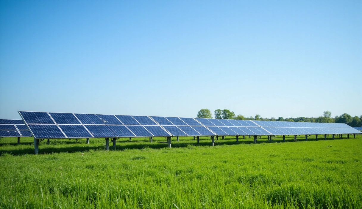 Pannelli solari in un campo verde sotto un cielo azzurro, simbolo di energia rinnovabile e sostenibilità.