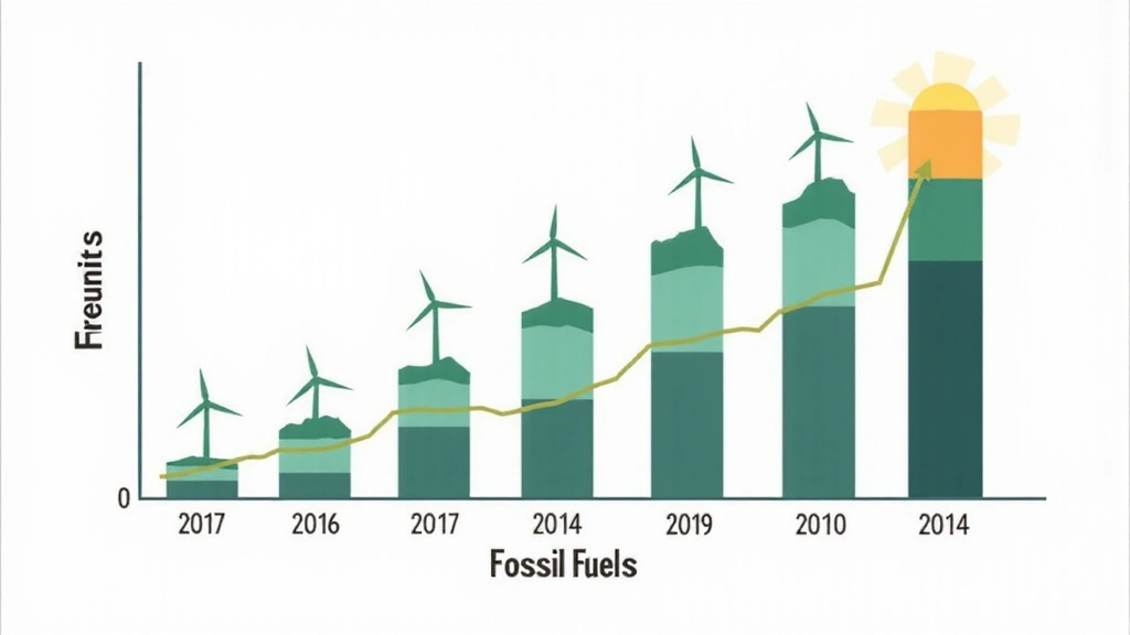 Un grafico che mostra la crescita delle fonti di energia rinnovabile rispetto ai combustibili fossili negli ultimi decenni, con barre che salgono per le rinnovabili e scendono per i fossili.