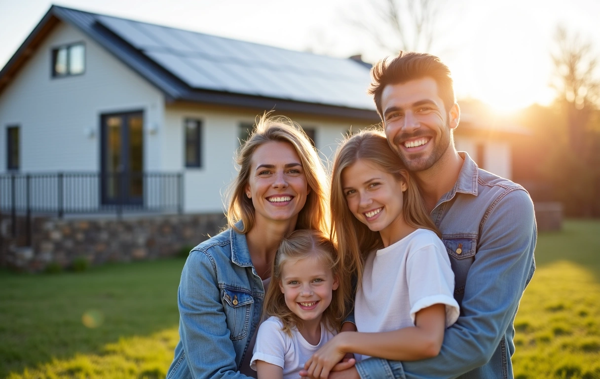 Una famiglia sorridente in una casa moderna con pannelli solari sul tetto, che simboleggia comfort, risparmio energetico e uno stile di vita sostenibile.