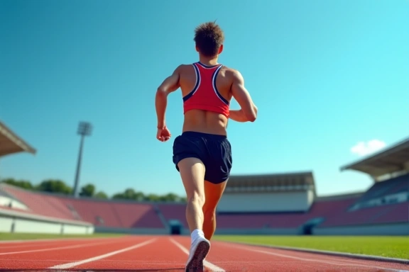 Atleta che corre su una pista con determinazione, cielo azzurro sullo sfondo