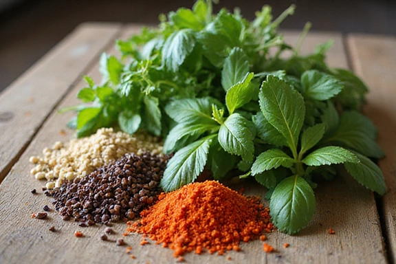 Erbe aromatiche fresche e spezie su un tavolo di legno, luce naturale