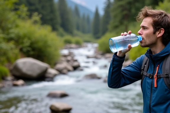 Persona che beve acqua fresca da una borraccia durante un'escursione in montagna