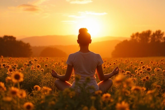 Persona che medita in un campo fiorito al tramonto, atmosfera serena