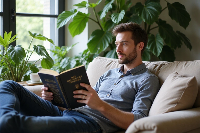 Uomo che legge un libro su un divano, accompagnato da una tazza di tè e piante