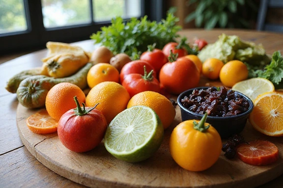 Varietà di frutta fresca e verdura colorata disposta artisticamente