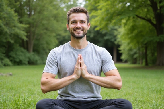 Uomo sorridente che pratica yoga all'aperto, simbolo di vitalità e benessere naturale