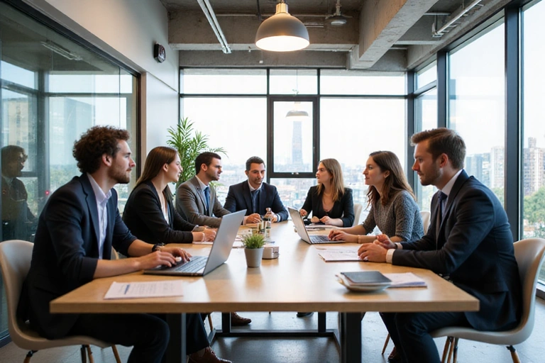 Ufficio moderno con un team che collabora attivamente