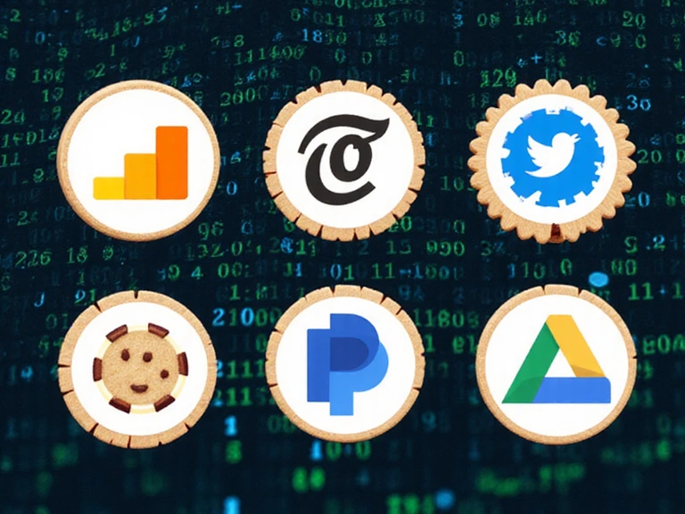 Diverse icone stilizzate che rappresentano cookie di terze parti, come il logo di Google Analytics, un'icona di social media generica e un'icona pubblicitaria, su uno sfondo di codice binario.