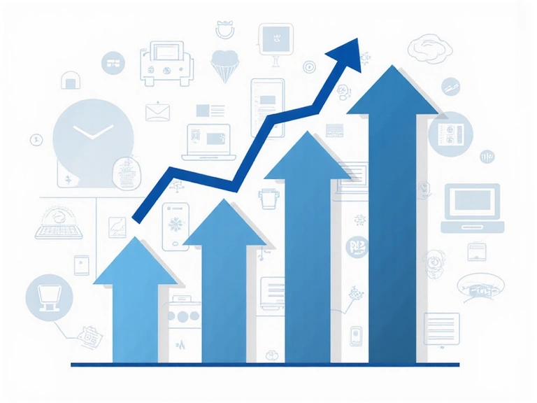 Un grafico stilizzato che mostra l'analisi dei dati di traffico web, con frecce che indicano la crescita e l'ottimizzazione, su uno sfondo di icone di dispositivi elettronici.