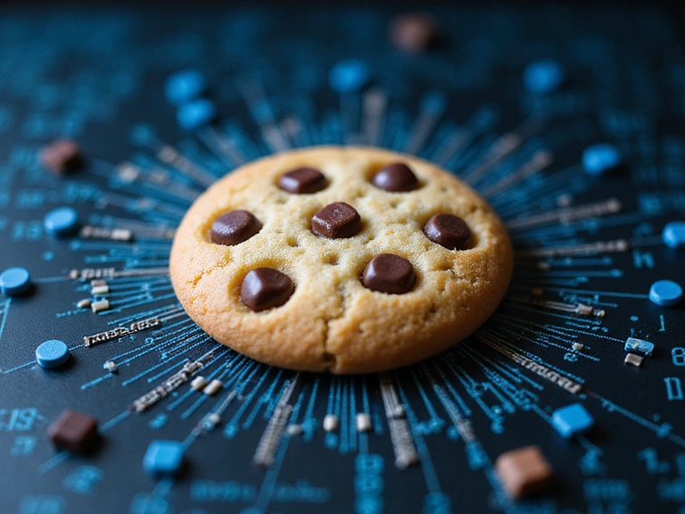 Una rappresentazione visiva di un cookie digitale, con circuiti stilizzati e pixel che ne simboleggiano la natura informatica, su uno sfondo sfocato di codice binario.