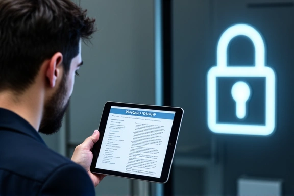 Uomo che legge un documento sulla privacy con un lucchetto digitale sullo sfondo