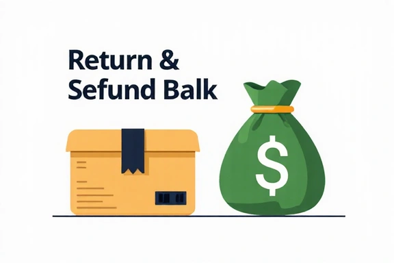 Return and refund policy graphic with a package and a money bag