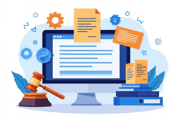 Website terms of use graphic with gears and legal symbols